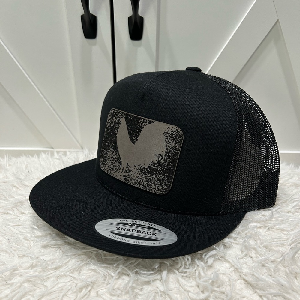 Laser engraved flat bill SnapBack hat. Rooster.